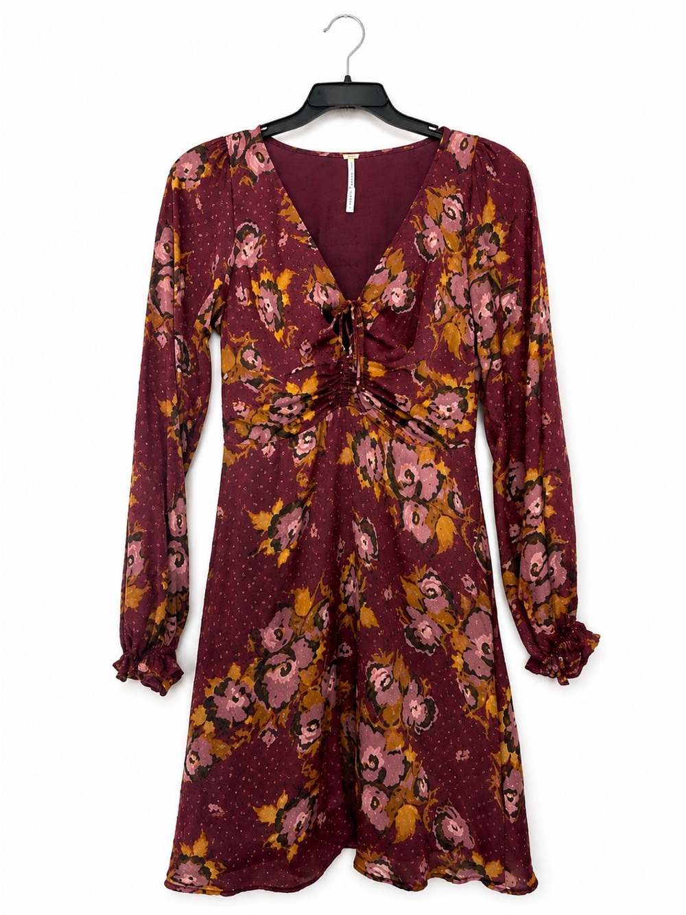 Free People Morning Light Floral Mini Dress Size 2 Burgundy Boho Romantic Fall